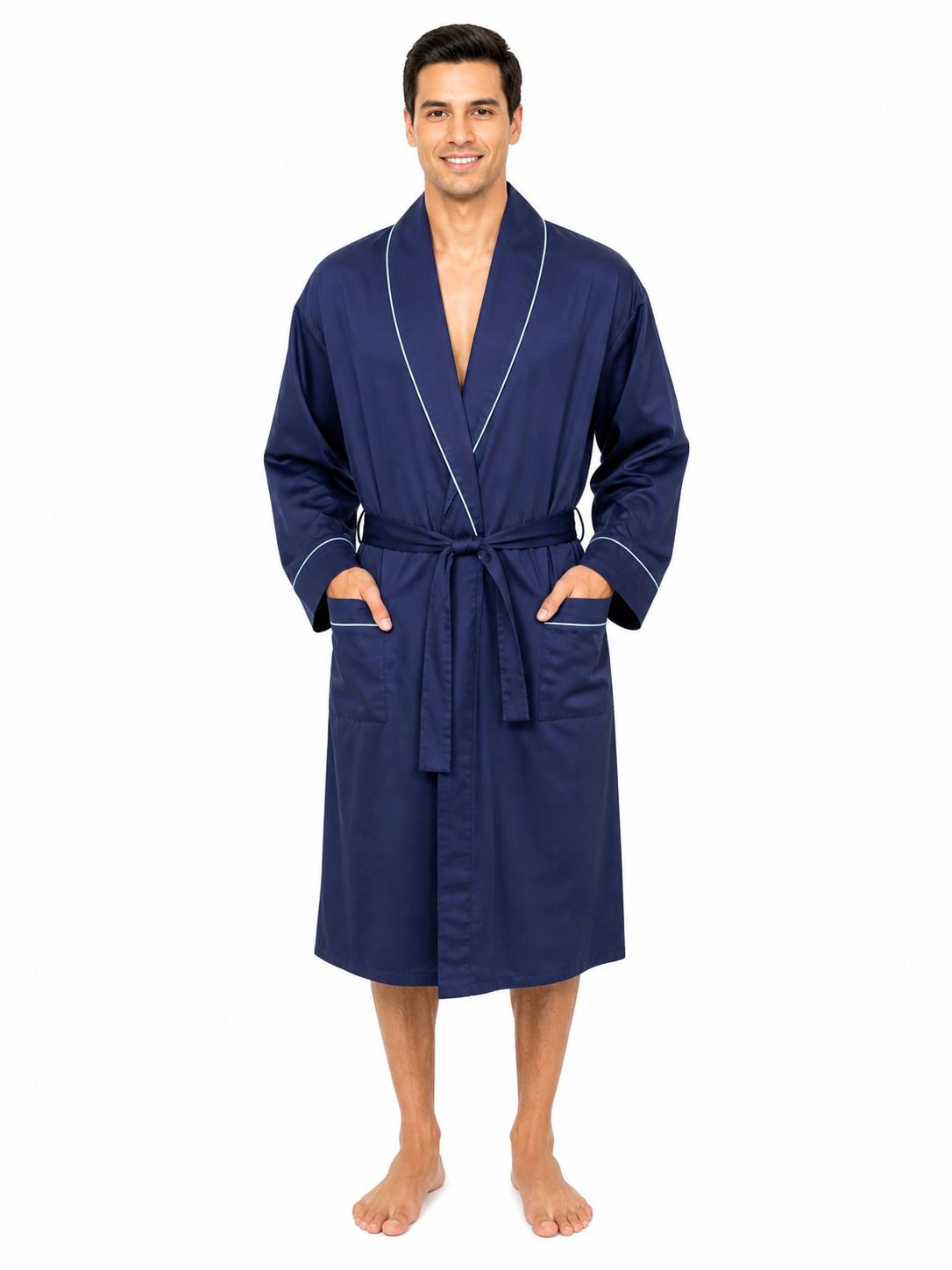 Men's Cotton Blend Dressing Gown Robe – Lightweight Long Sleeve Housecoat with Pockets